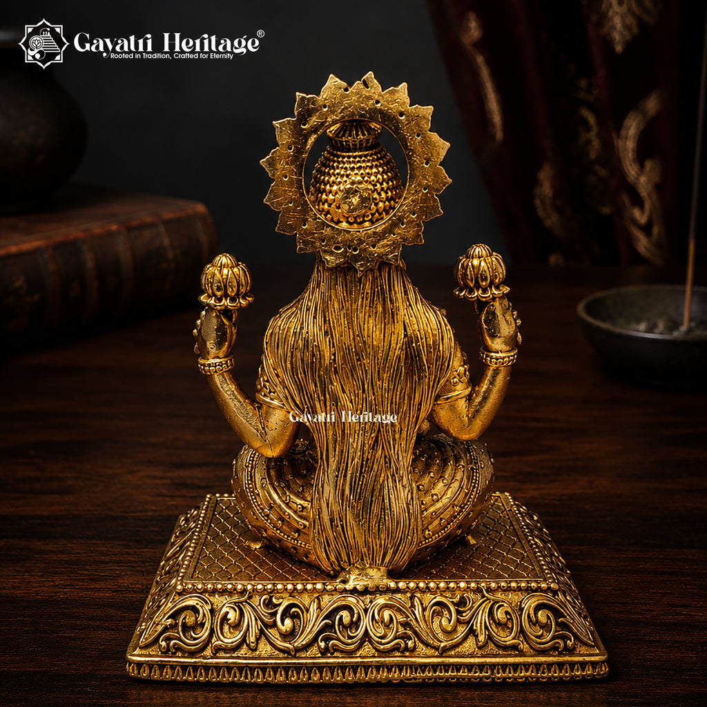 Brass Goddess Lakshmi Idol – Seated with Crown & Lotus