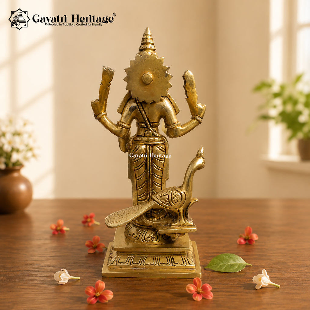 Brass Murugan Idol with Peacock – 8.5 Inch Kartikeya Statue | Gayatri Heritage