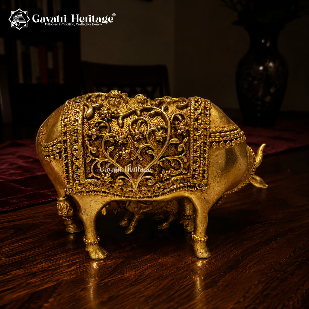 Brass Cow and Calf Statue | Antique Gold Sacred Cow Figurine | Vastu Home Decor | Indian Handmade Housewarming Gift