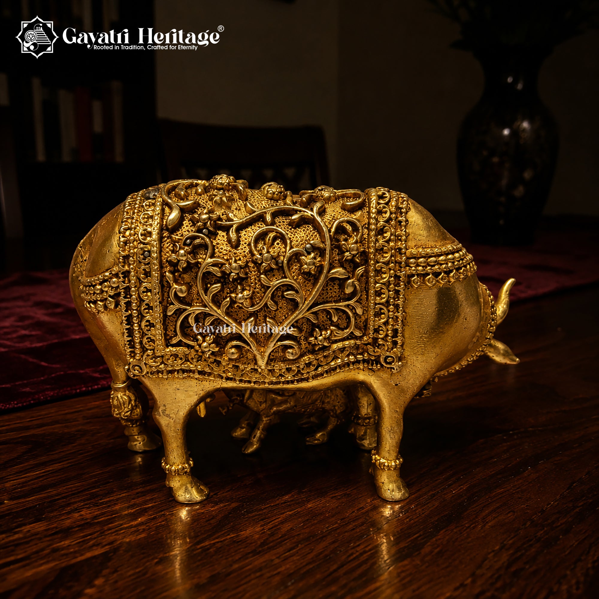 Brass Cow and Calf Statue | Antique Gold Sacred Cow Figurine | Vastu Home Decor | Indian Handmade Housewarming Gift