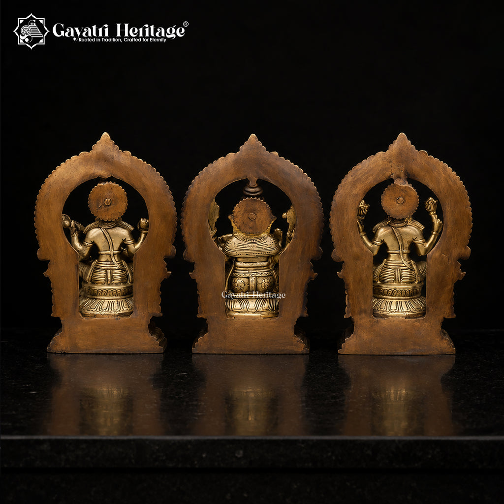 Brass Hindu Trinity Statue Ganesh Laxmi Saraswati | Sacred Puja Idol | Antique Style Religious Decor