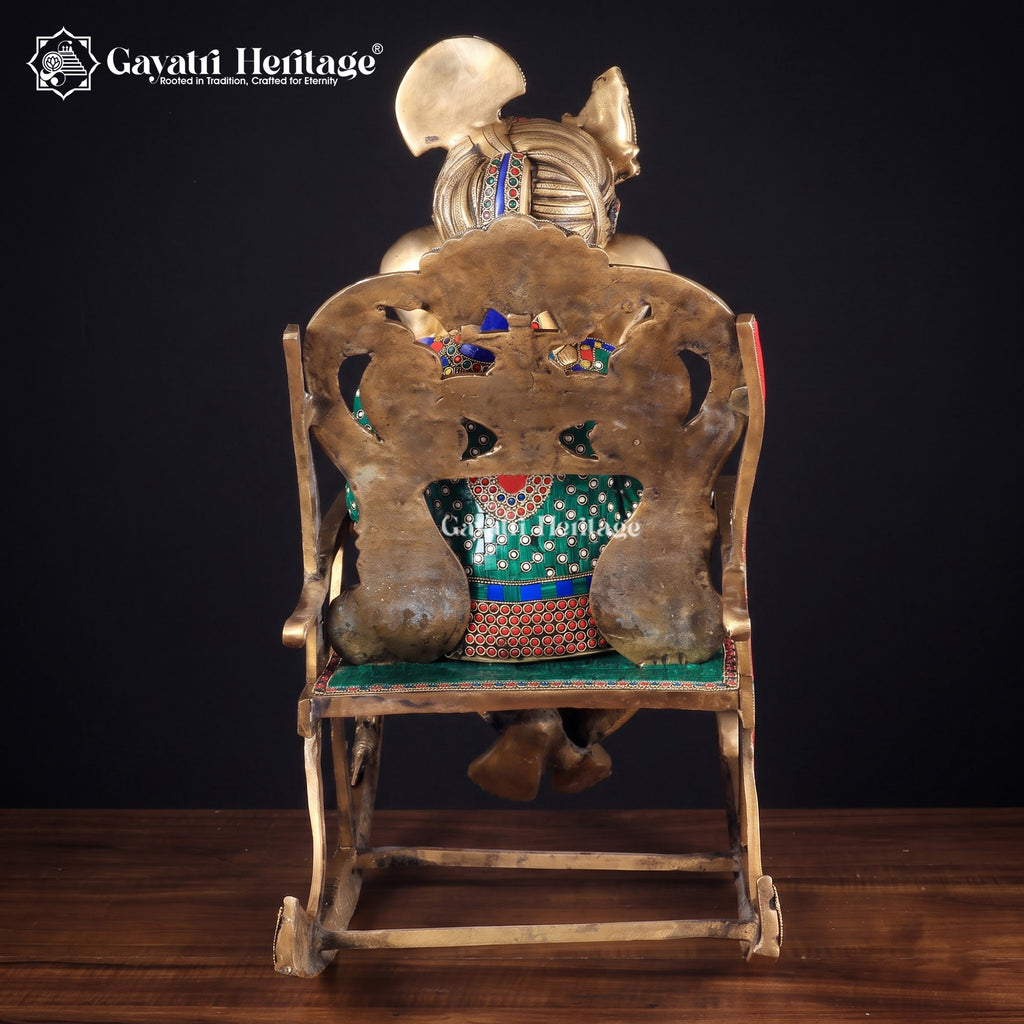 Brass Ganesha Statue on Rocking Chair | Stone Work Reading Ganesh Idol | Antique Indian Sculpture