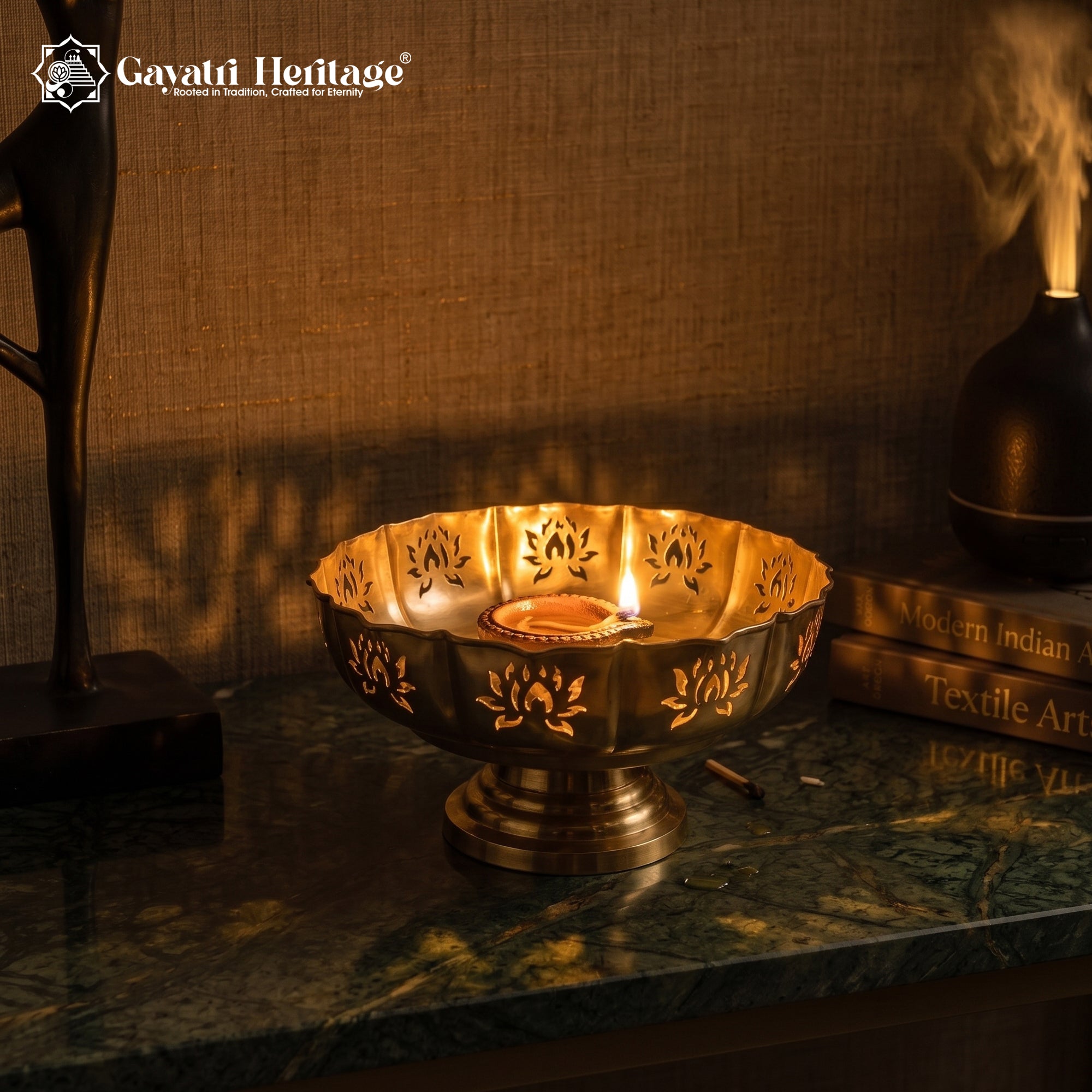 Lotus Cut Work Pedestal Urli Bowl – Antique Gold Puja Décor | Gayatri Heritage