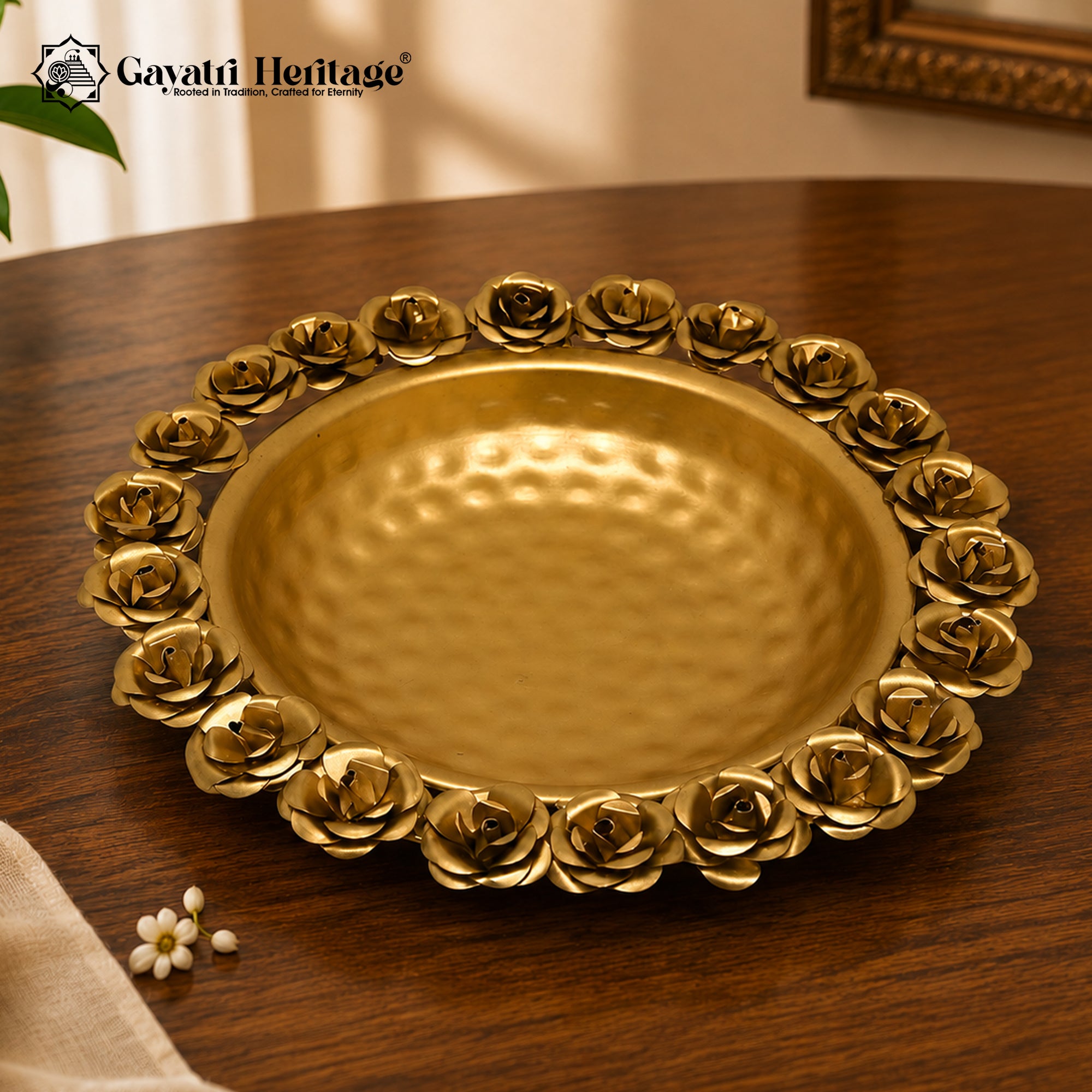 Gold Rose Border Urli Bowl – Hammered Floating Flower Decor | Gayatri Heritage