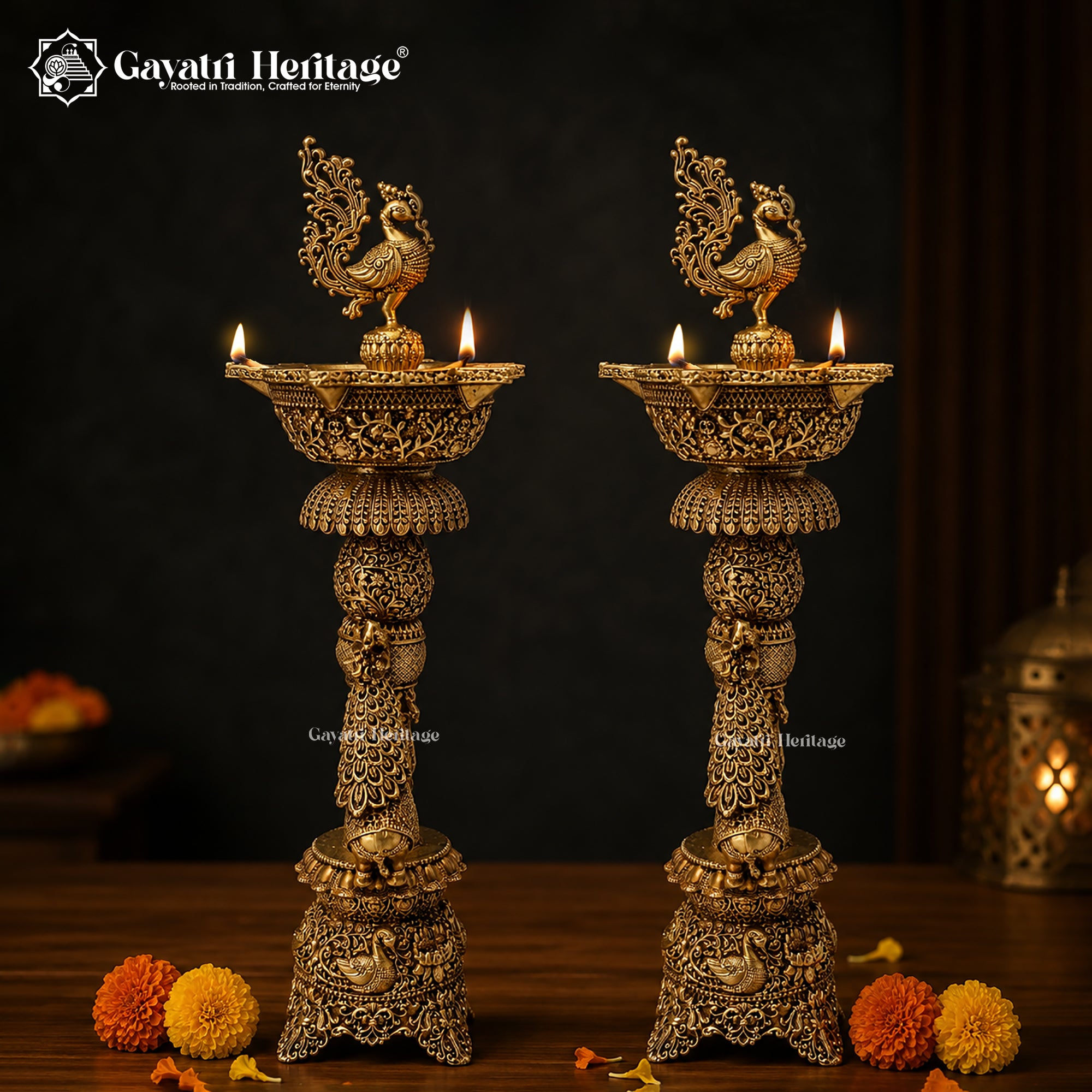 Brass Peacock Elephant Diya Lamp | Handcrafted Indian Pooja Oil Lamp for Home Temple & Diwali Decor