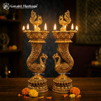 Brass Peacock Diya Lamp | 5-Wick Pooja Deepak | Handcrafted Traditional Indian Oil Lamp