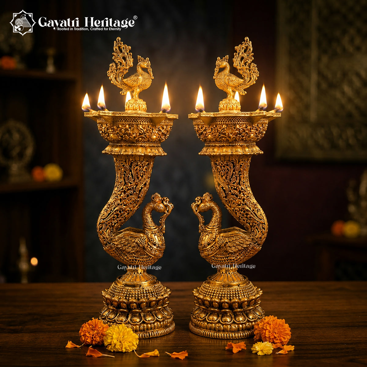 Brass Peacock Diya Lamp | 5-Wick Pooja Deepak | Handcrafted Traditional Indian Oil Lamp