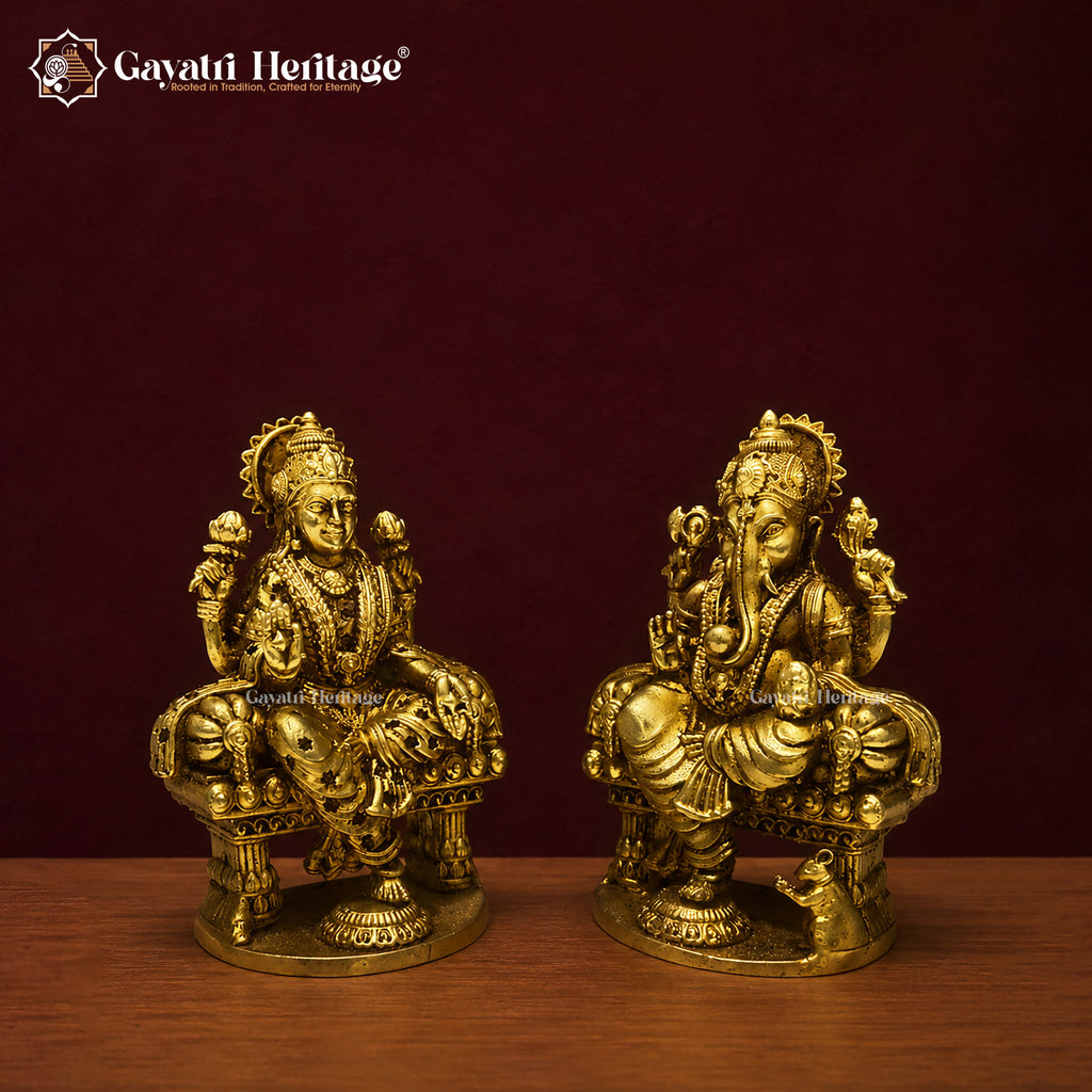 Brass Lakshmi Ganesha Statue | Antique Finish Hindu Murti | Handcrafted Lakshmi Ganesh Idol | Diwali Dhanteras Decor