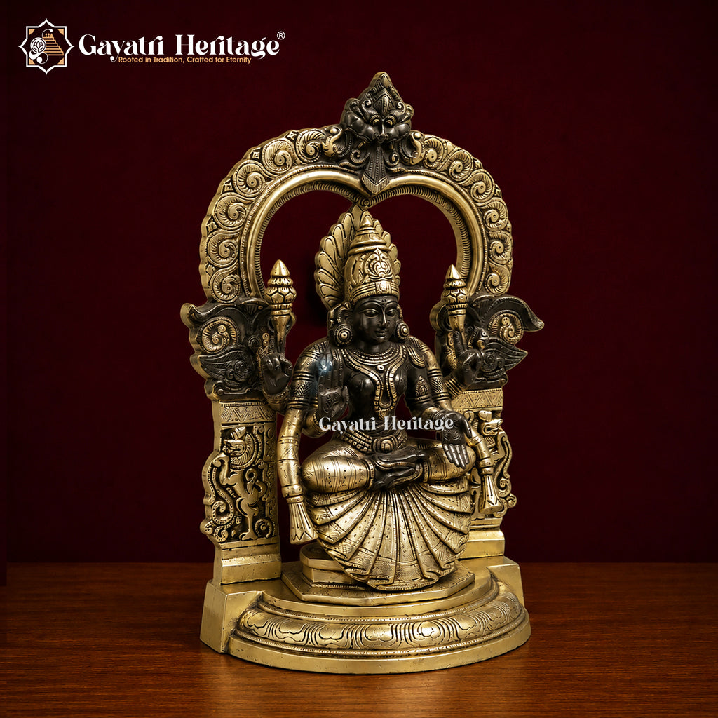 Brass Padmavathi Lakshmi Seated Statue | Gold & Black Antique Finish | Detailed Goddess Idol | South Indian Temple Decor