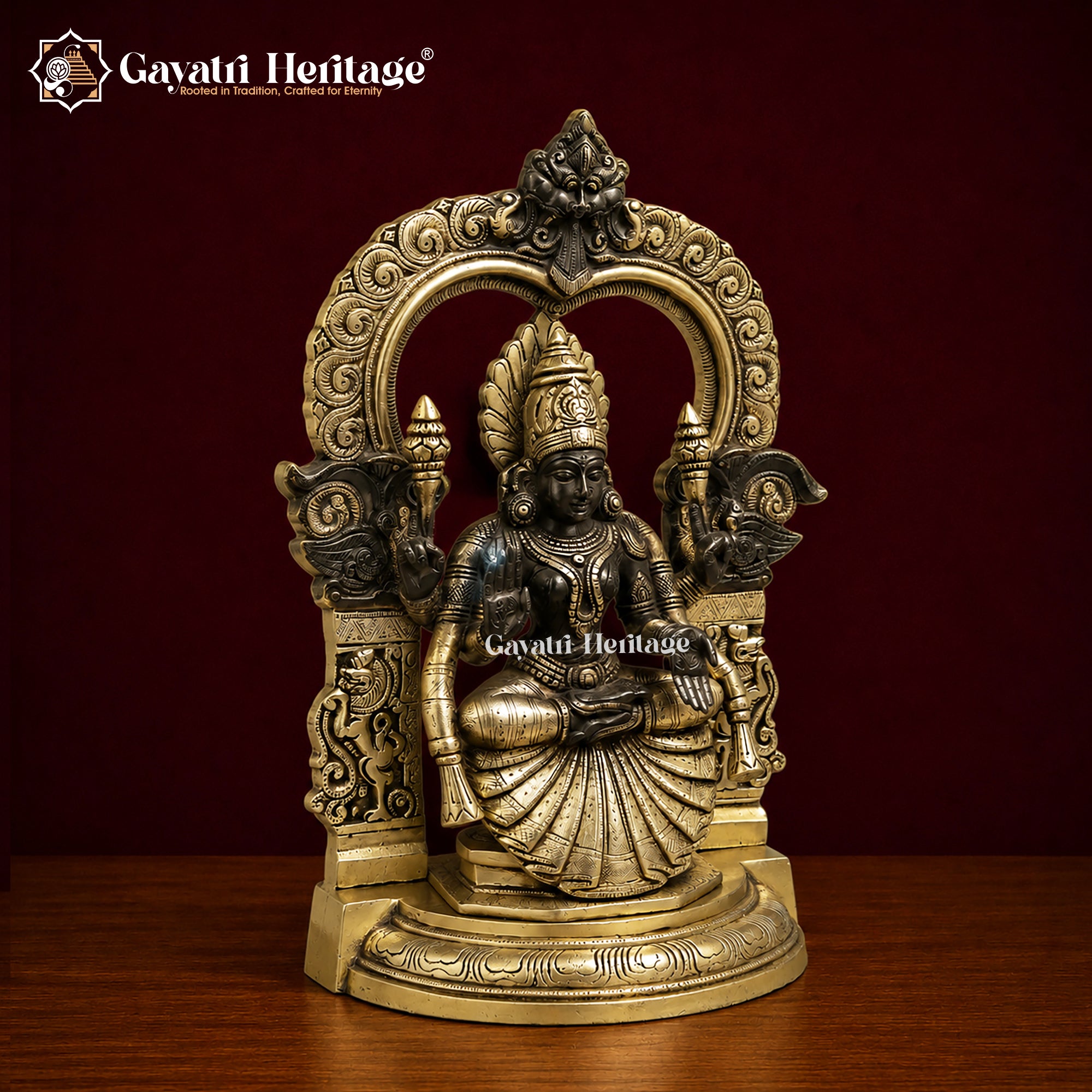 Brass Padmavathi Lakshmi Seated Statue | Gold & Black Antique Finish | Detailed Goddess Idol | South Indian Temple Decor