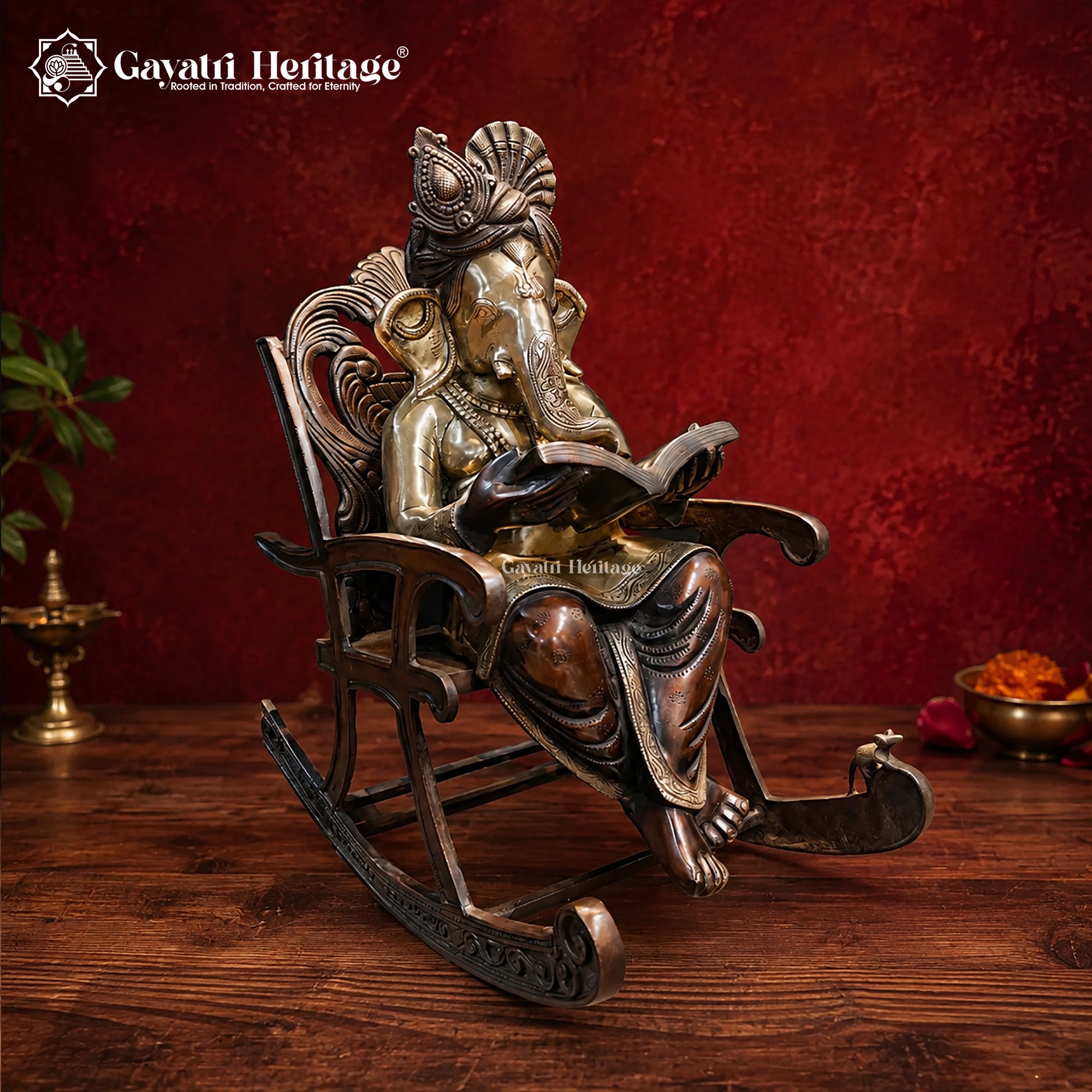 Brass Ganesha Idol Reading Book on Rocking Chair | Antique Finish Statue
