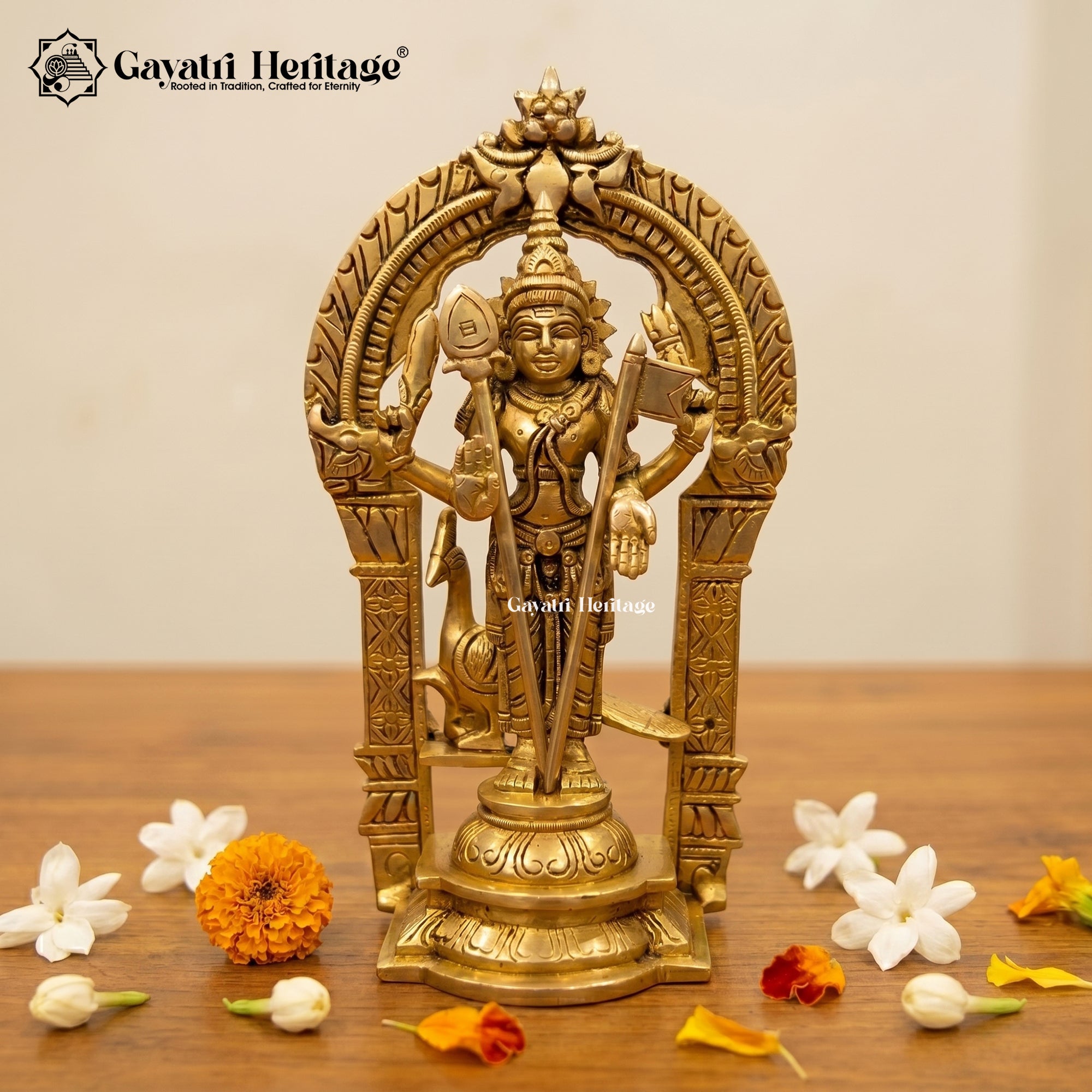 Brass Murugan Idol with Temple Arch – 10 Inch Kartikeya Murti | Gayatri Heritage