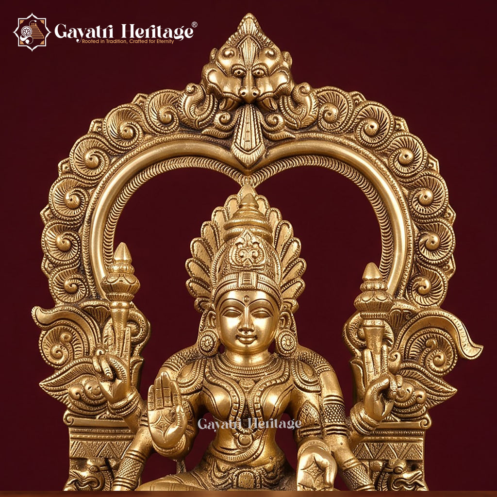 Brass Padmavathi Thayar Idol with Prabhavali Arch | Antique Gold Goddess Lakshmi Statue | South Indian Temple Decor