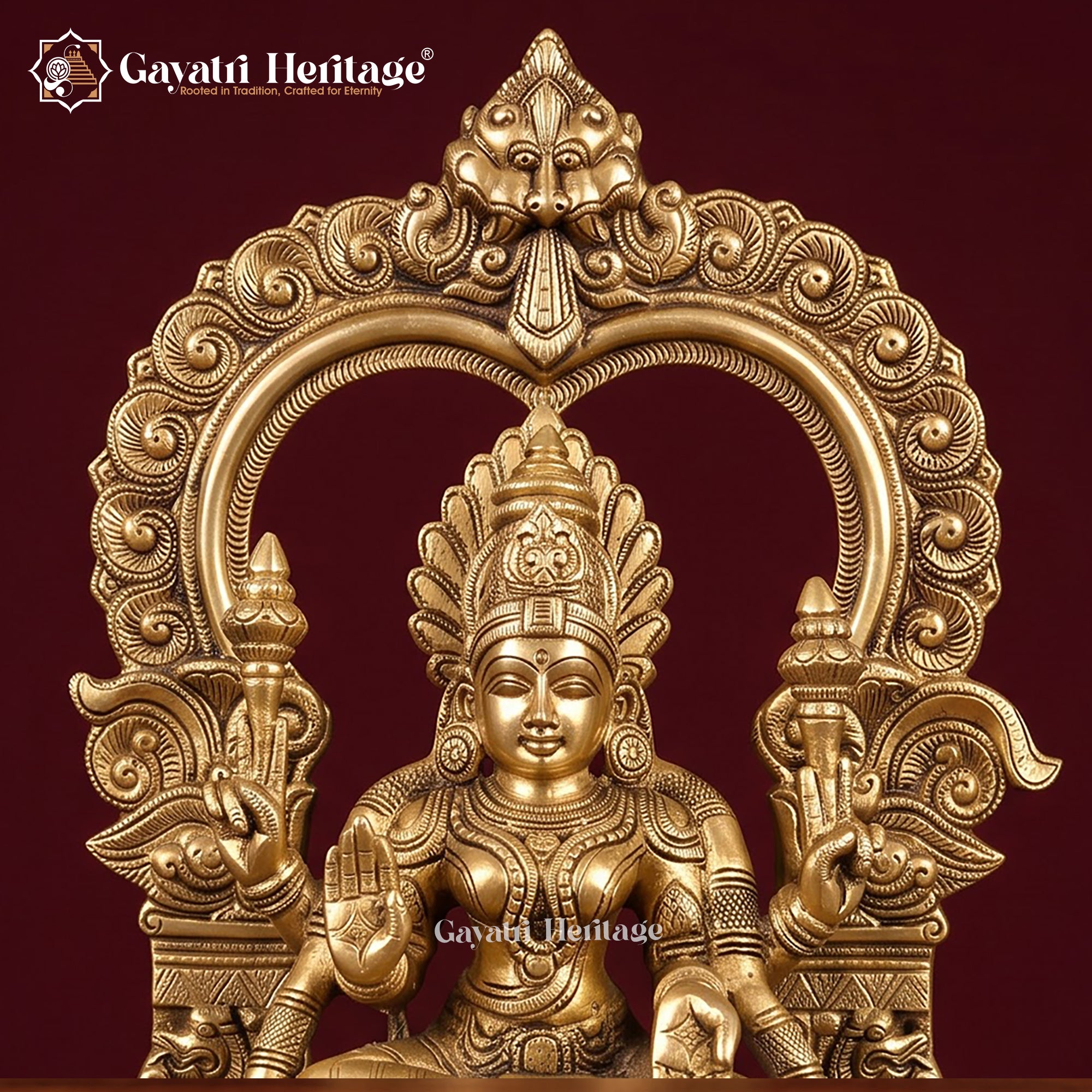 Brass Padmavathi Thayar Idol with Prabhavali Arch | Antique Gold Goddess Lakshmi Statue | South Indian Temple Decor