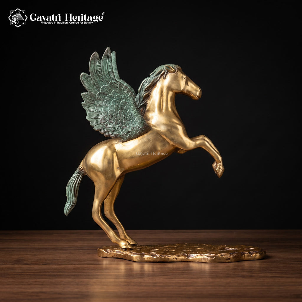 Brass Flying Horse Statue | Golden Pegasus with Patina Wings | Rearing Winged Horse Sculpture