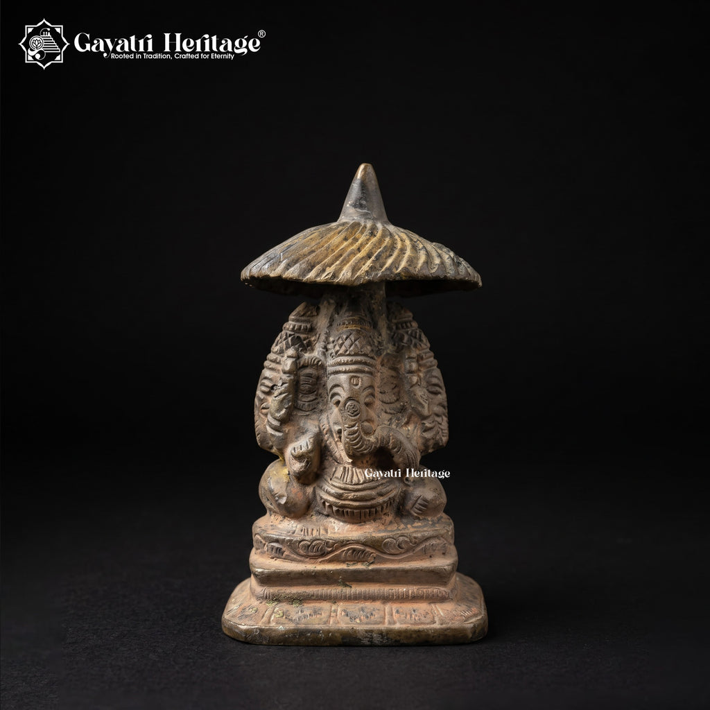 Ganesh Idol with Umbrella Canopy | Rare Vintage Ganesha Statue | Hindu Temple Deity Sculpture | Indian Antique Brass Figurine