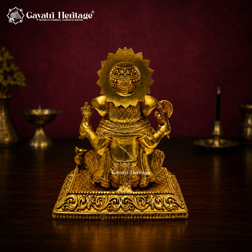 Brass Ganesha Idol Seated with Crown | Antique Gold Lord Ganesh Statue | Four Arm Sculpture with Mouse | Hindu Pooja Decor
