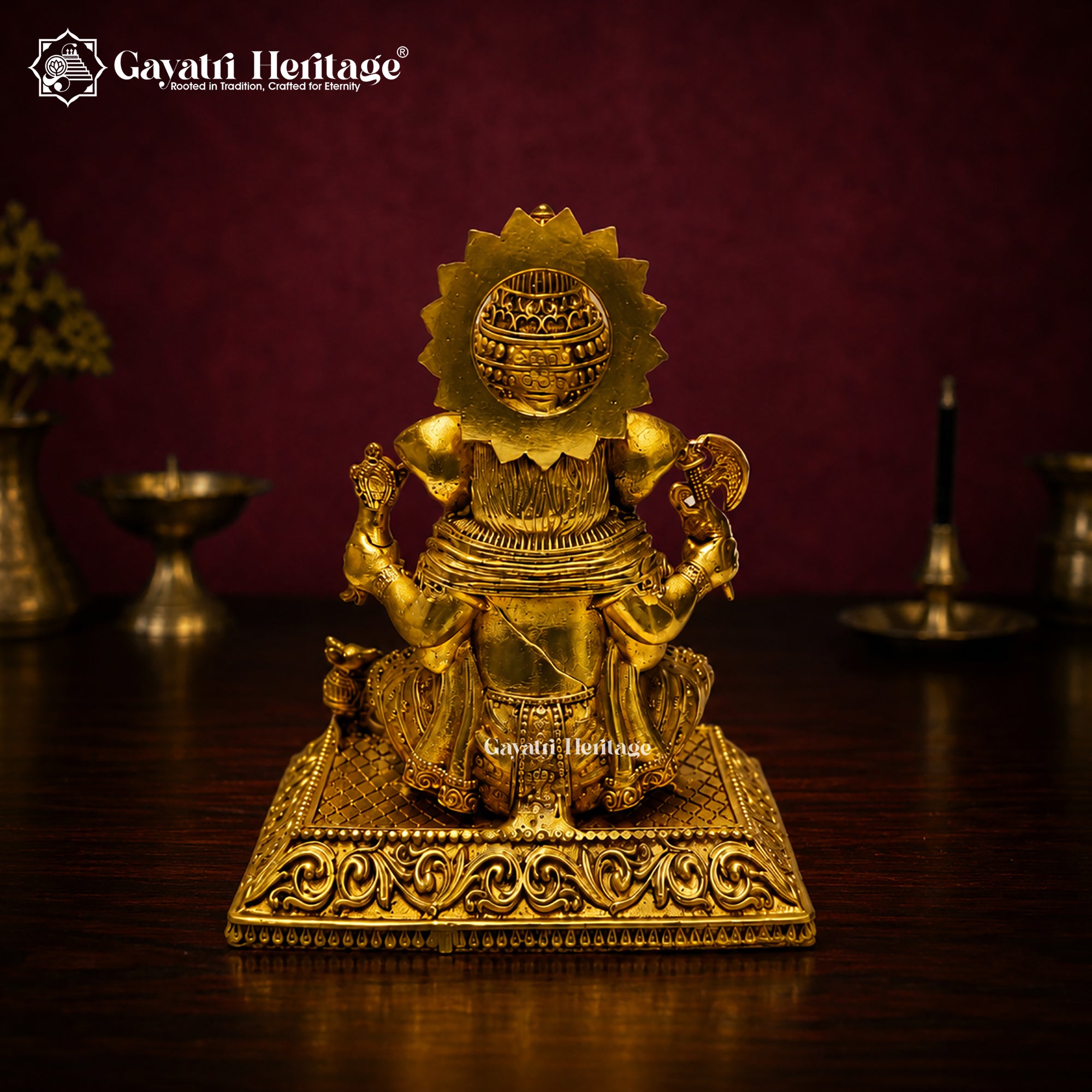 Brass Ganesha Idol Seated with Crown | Antique Gold Lord Ganesh Statue | Four Arm Sculpture with Mouse | Hindu Pooja Decor