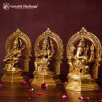 Brass Ganesh Lakshmi Saraswati Idol Set on Base | Hindu Trinity Statue | Diwali Puja & Home Temple Decor