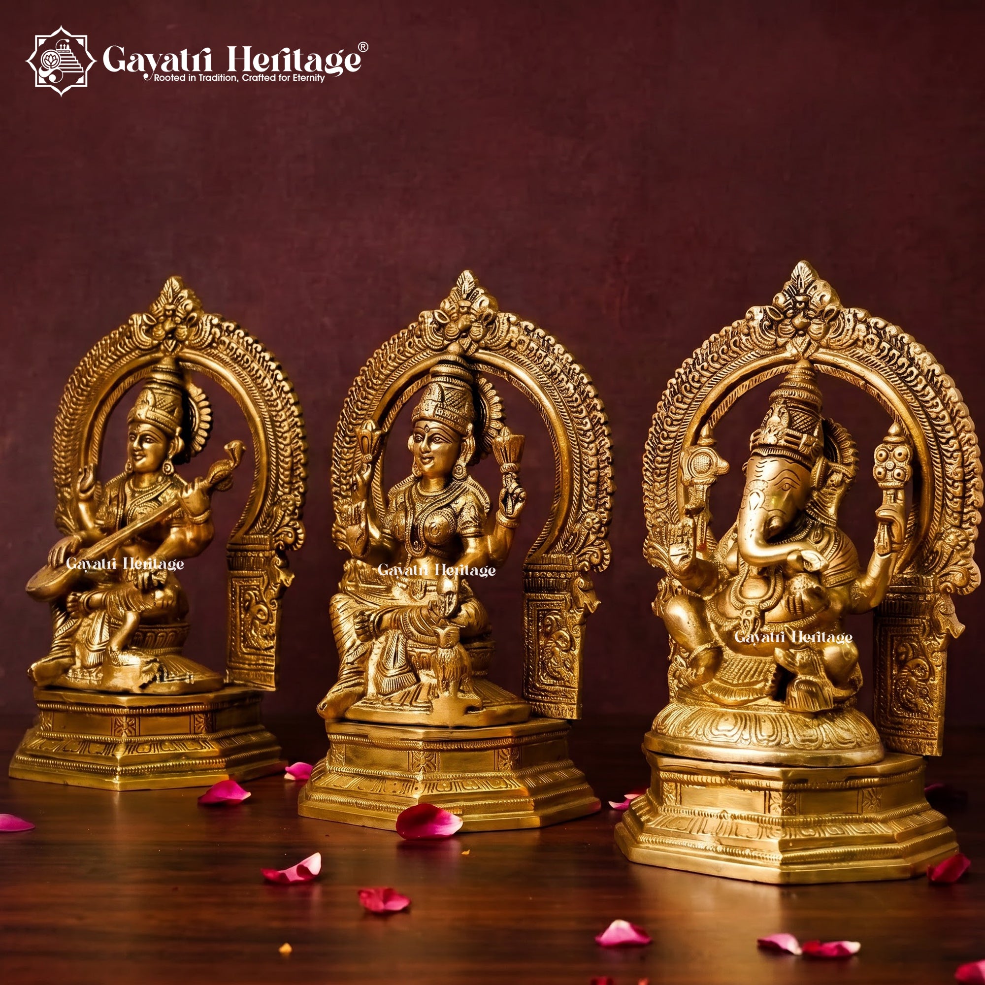 Brass Ganesh Lakshmi Saraswati Idol Set on Base | Hindu Trinity Statue | Diwali Puja & Home Temple Decor
