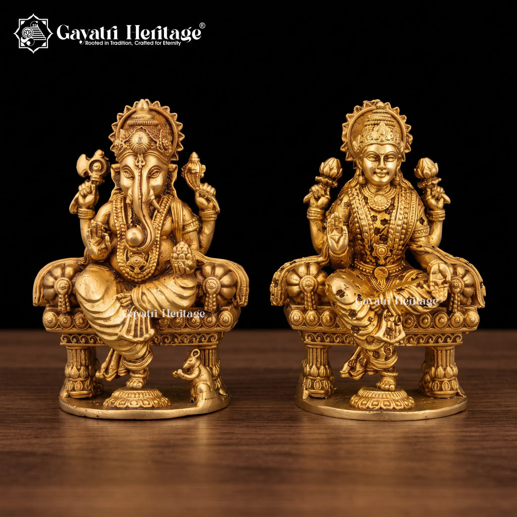 Brass Laxmi Ganesh Idol | Lakshmi Ganesh Murti | Handcrafted Hindu God Goddess Statue | Home Temple Pooja Decor | Diwali Gift