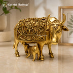 Brass Cow and Calf Statue | Sacred Kamdhenu Cow Idol for Home Temple & Decor
