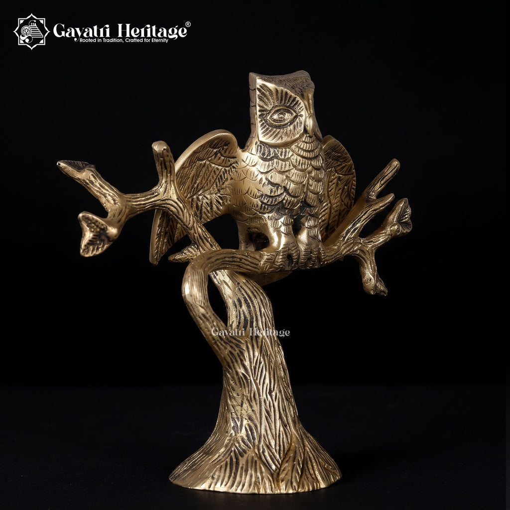 Brass Owl on Tree Branch Statue | Decorative Wisdom Figurine | Handcrafted Bird Sculpture