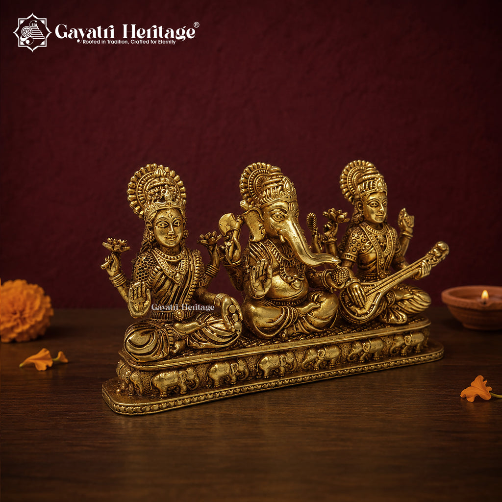 Brass Laxmi Ganesh Saraswati Idol | Hindu Trinity Murti | Handcrafted Brass Statue | Elephant Base | Diwali Puja & Home Temple Decor