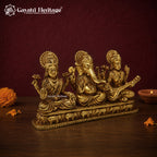 Brass Laxmi Ganesh Saraswati Idol | Hindu Trinity Murti | Handcrafted Brass Statue | Elephant Base | Diwali Puja & Home Temple Decor