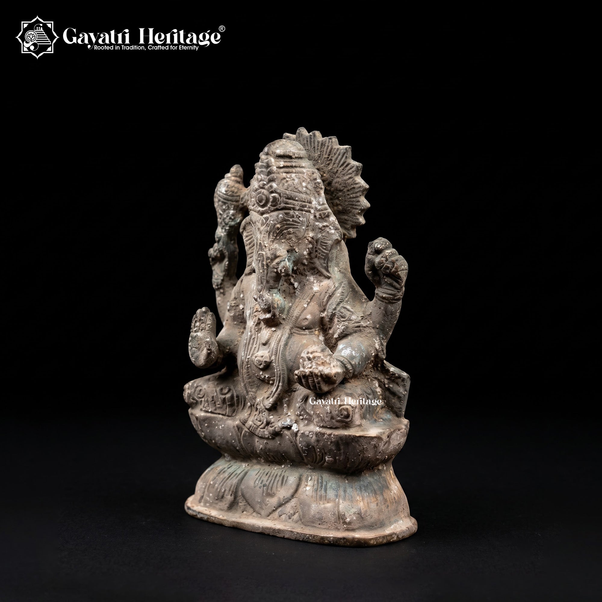 Rare Antique Ganesh Idol Seated on Lotus | Vintage Four-Armed Ganesha Statue | One-of-a-Kind Excavated Finish Sculpture