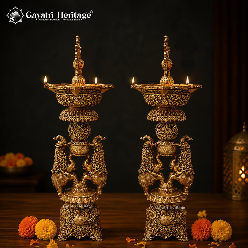 Brass Peacock Elephant Diya Lamp | Handcrafted Indian Pooja Oil Lamp for Home Temple & Diwali Decor