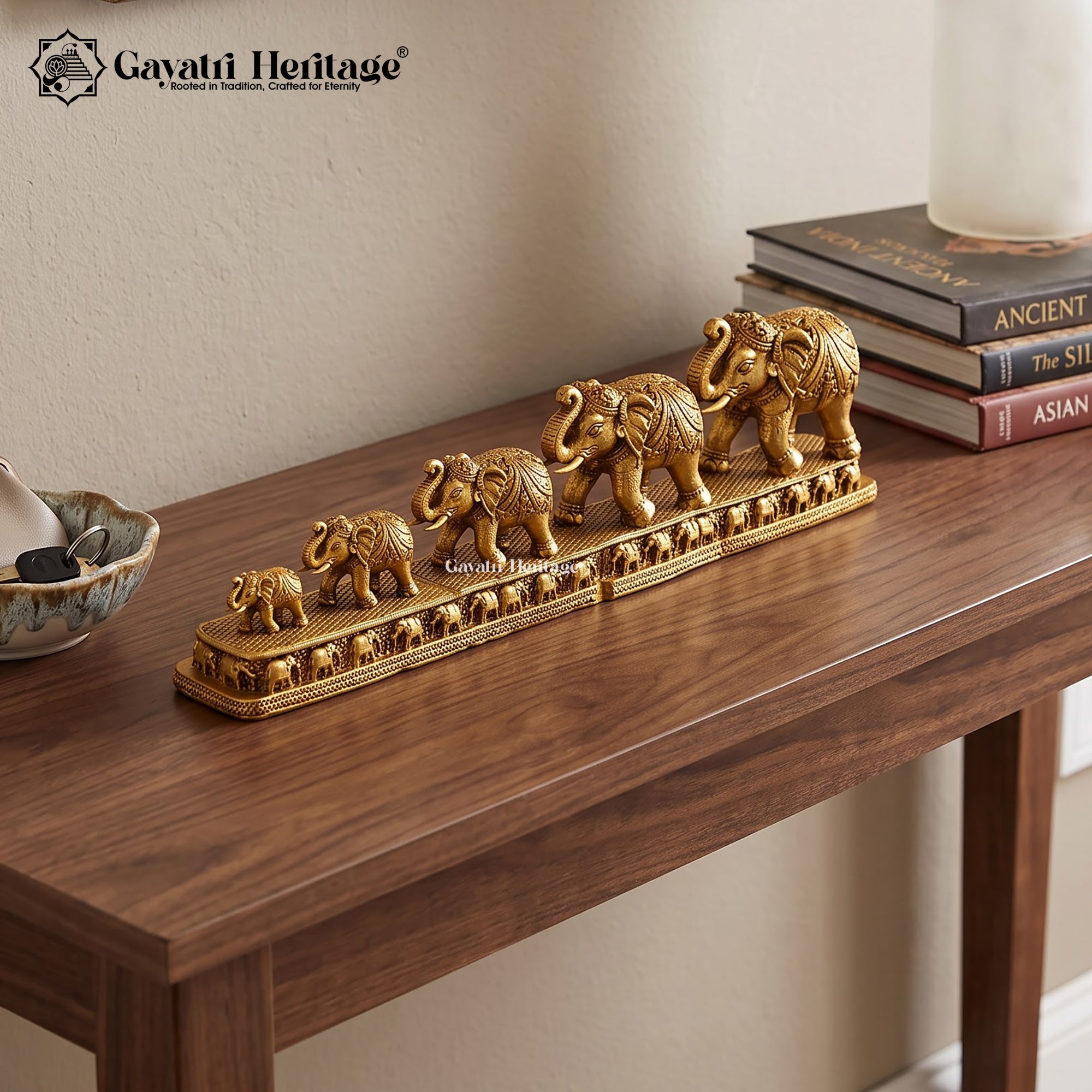 Brass Elephant Family Statue Set of 5 | Antique Gold Trunk Up Elephants | Vastu Feng Shui Home & Office Decor