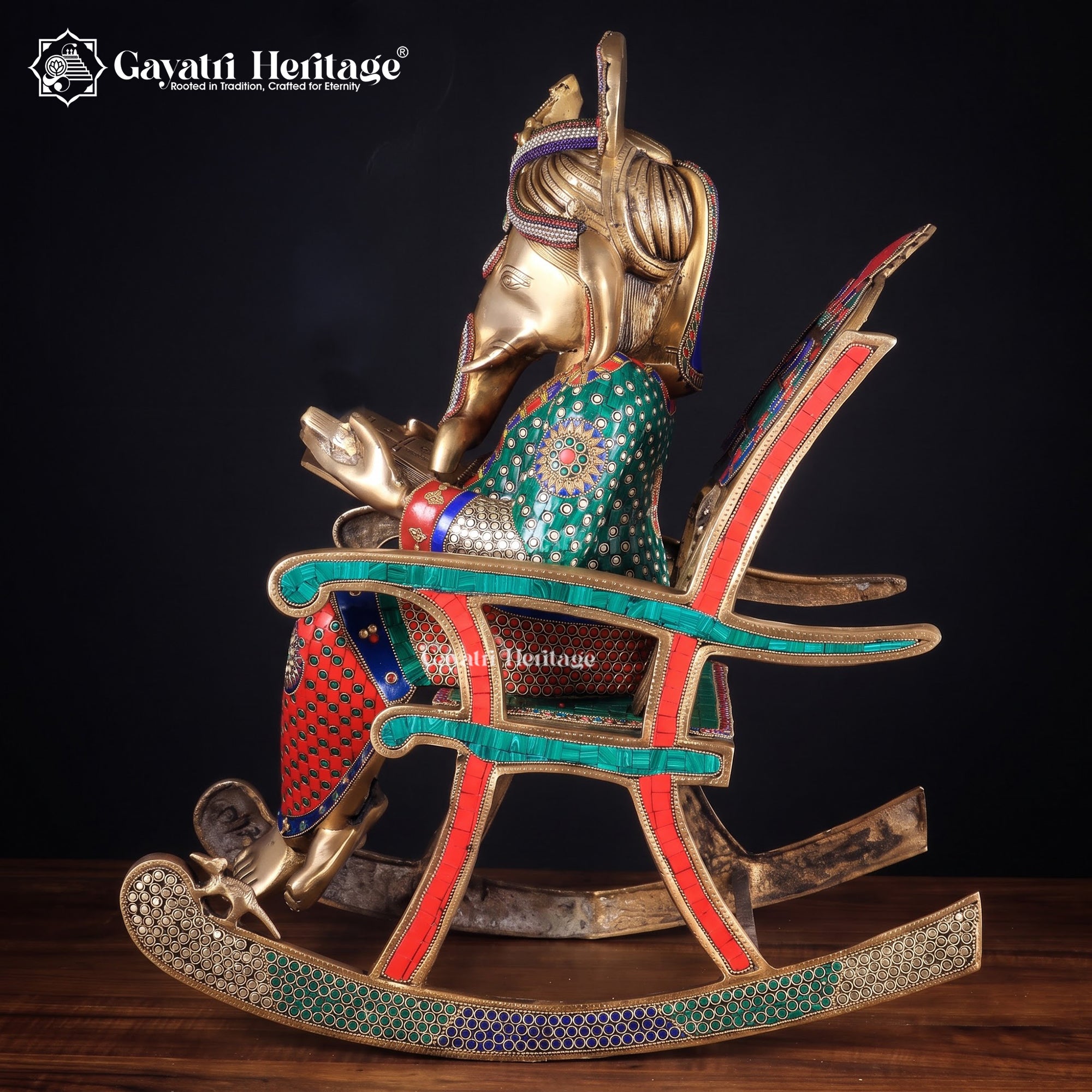 Brass Ganesha Statue on Rocking Chair | Stone Work Reading Ganesh Idol | Antique Indian Sculpture