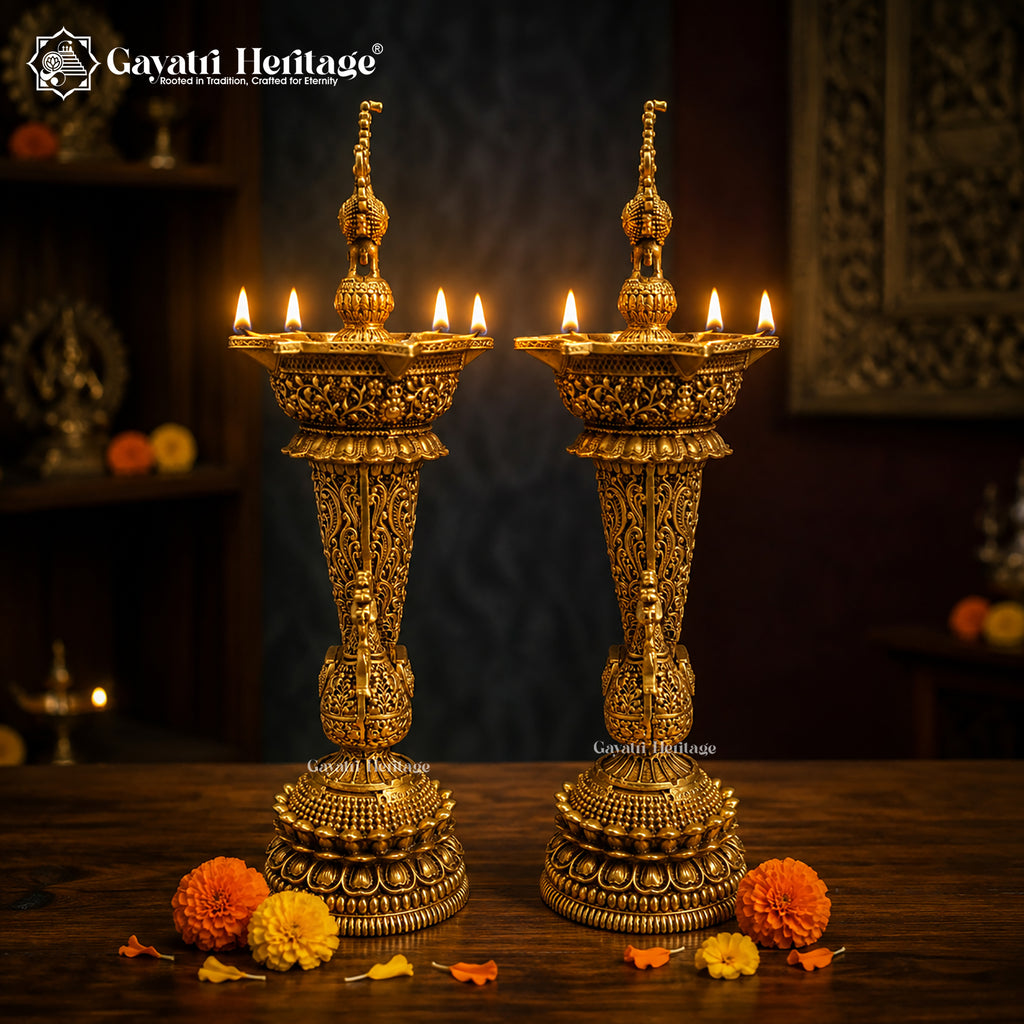Brass Peacock Diya Lamp | 5-Wick Pooja Deepak | Handcrafted Traditional Indian Oil Lamp