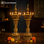 Brass Peacock Diya Lamp | 5-Wick Pooja Deepak | Handcrafted Traditional Indian Oil Lamp