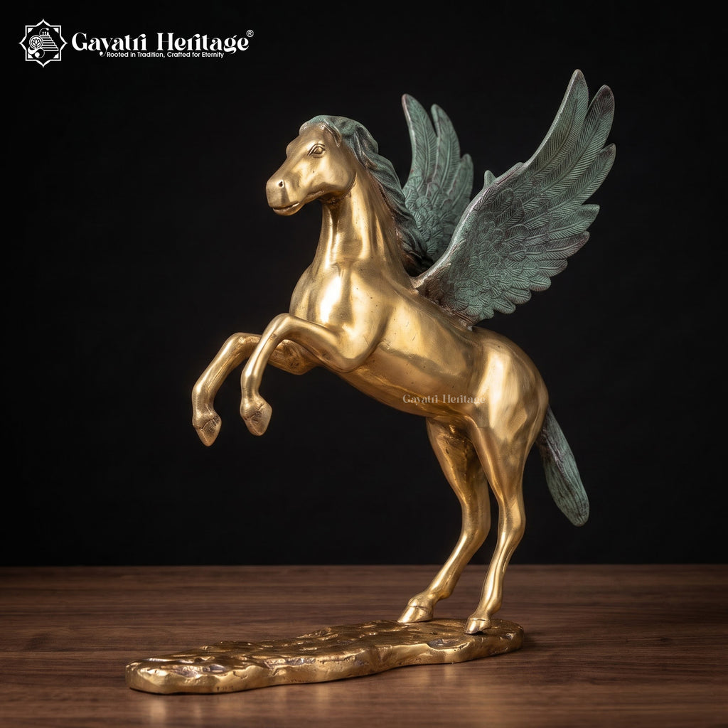 Brass Flying Horse Statue | Golden Pegasus with Patina Wings | Rearing Winged Horse Sculpture