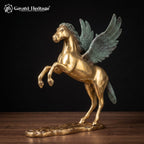 Brass Flying Horse Statue | Golden Pegasus with Patina Wings | Rearing Winged Horse Sculpture