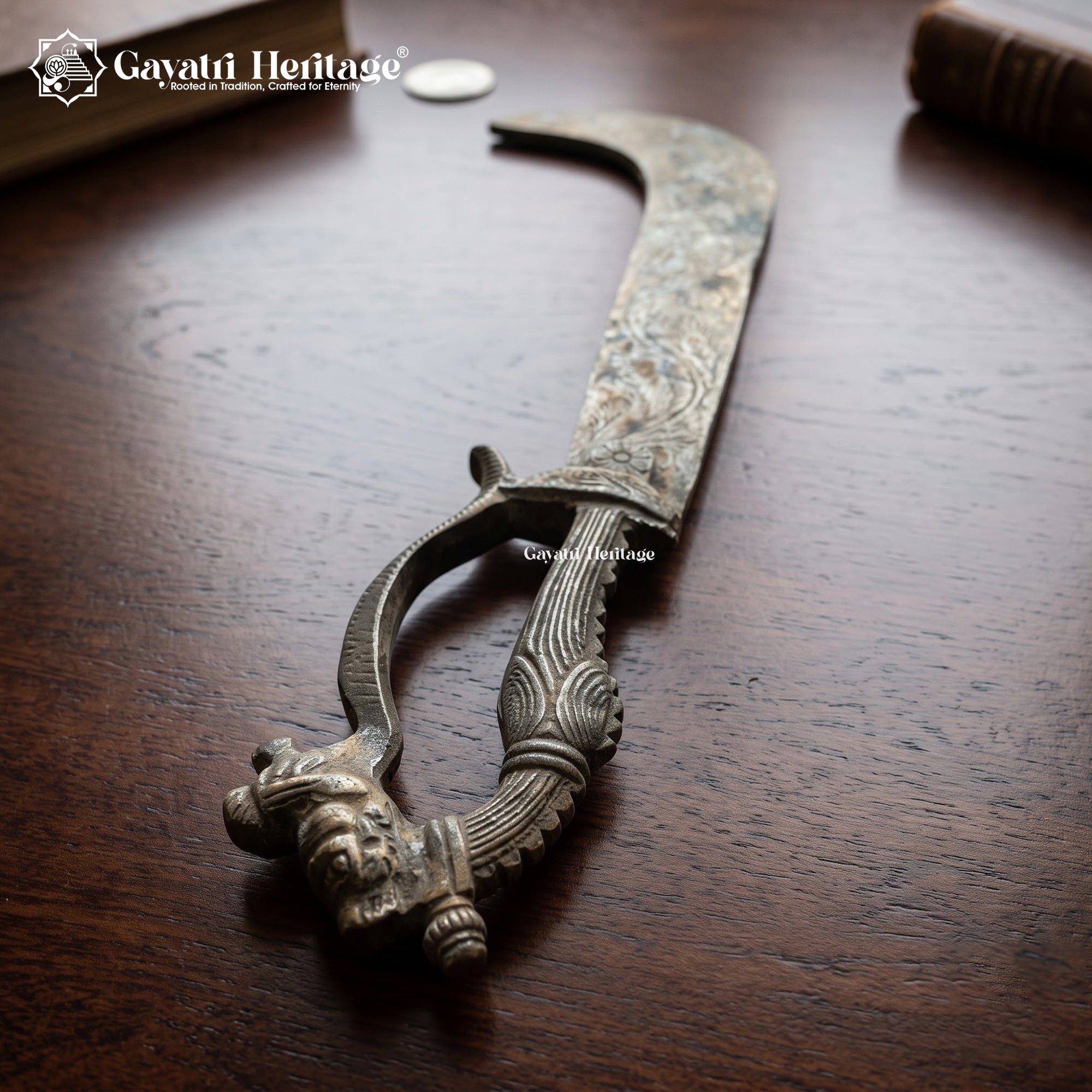 Antique Curved Ceremonial Knife | 100+ Year Old Silver-Tone Dragon Head Handle | Rare Vintage Collectible Decor Piece