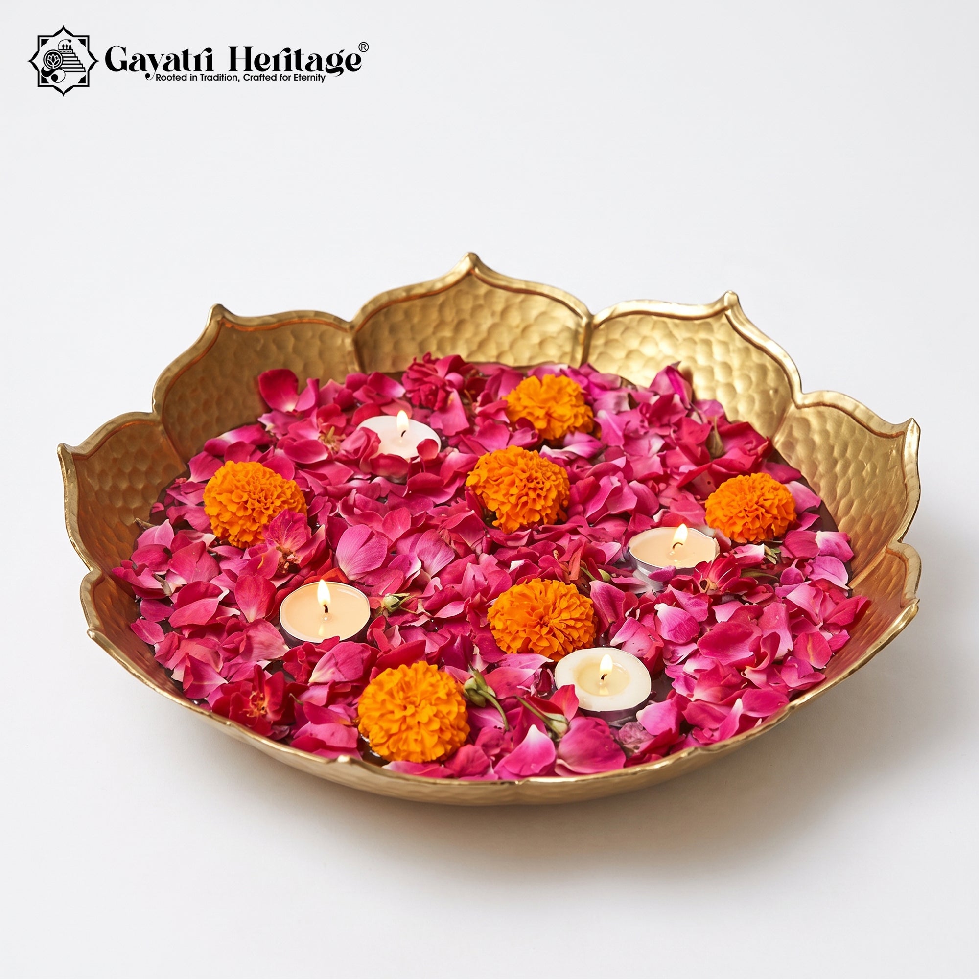 Gold Lotus Urli Bowl – Floating Flower Candle Centerpiece | Gayatri Heritage