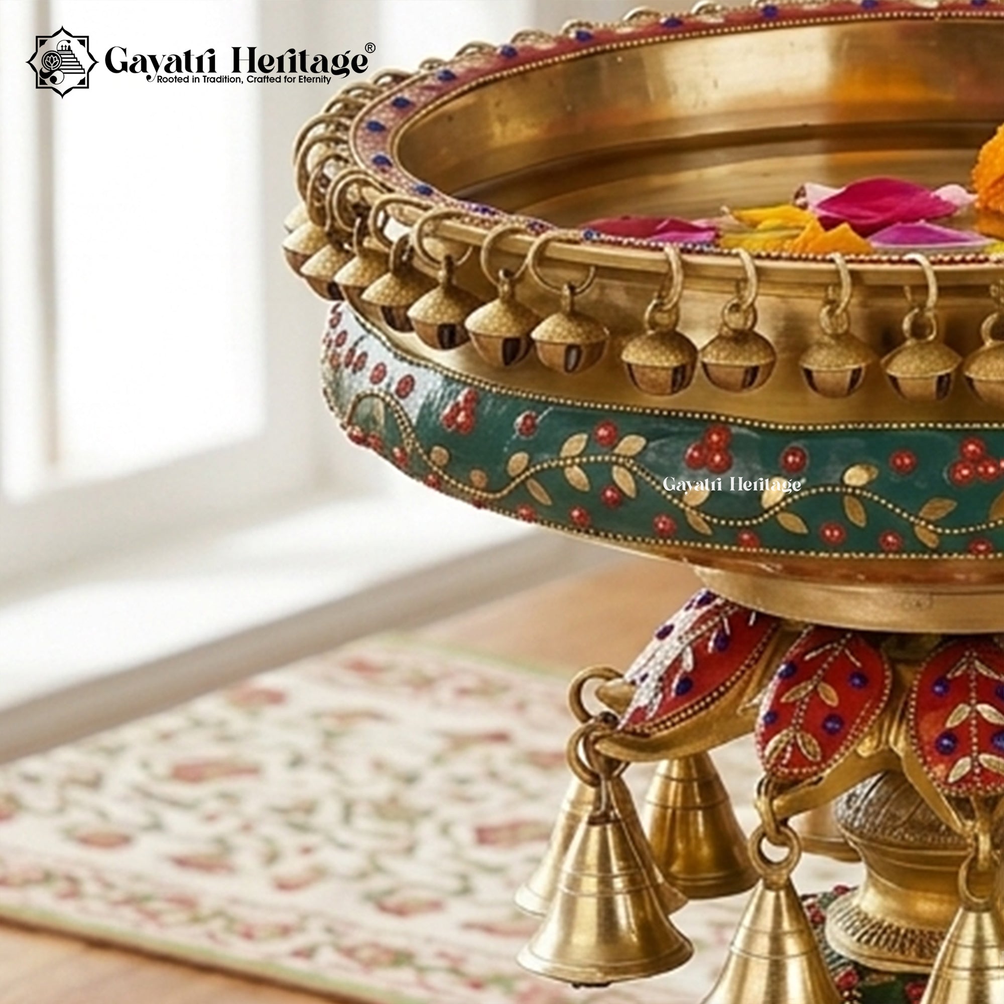Brass Urli Bowl with Dangling Bells & Ghungroos – Decorative Inlay Work Centerpiece | Gayatri Heritage