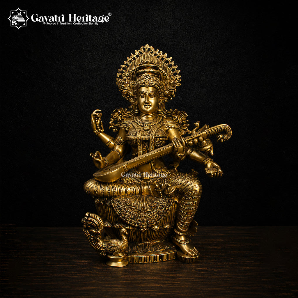 Large Lakshmi Ganesha Saraswati Brass Statue Set | Hindu God & Goddess Idol Trio