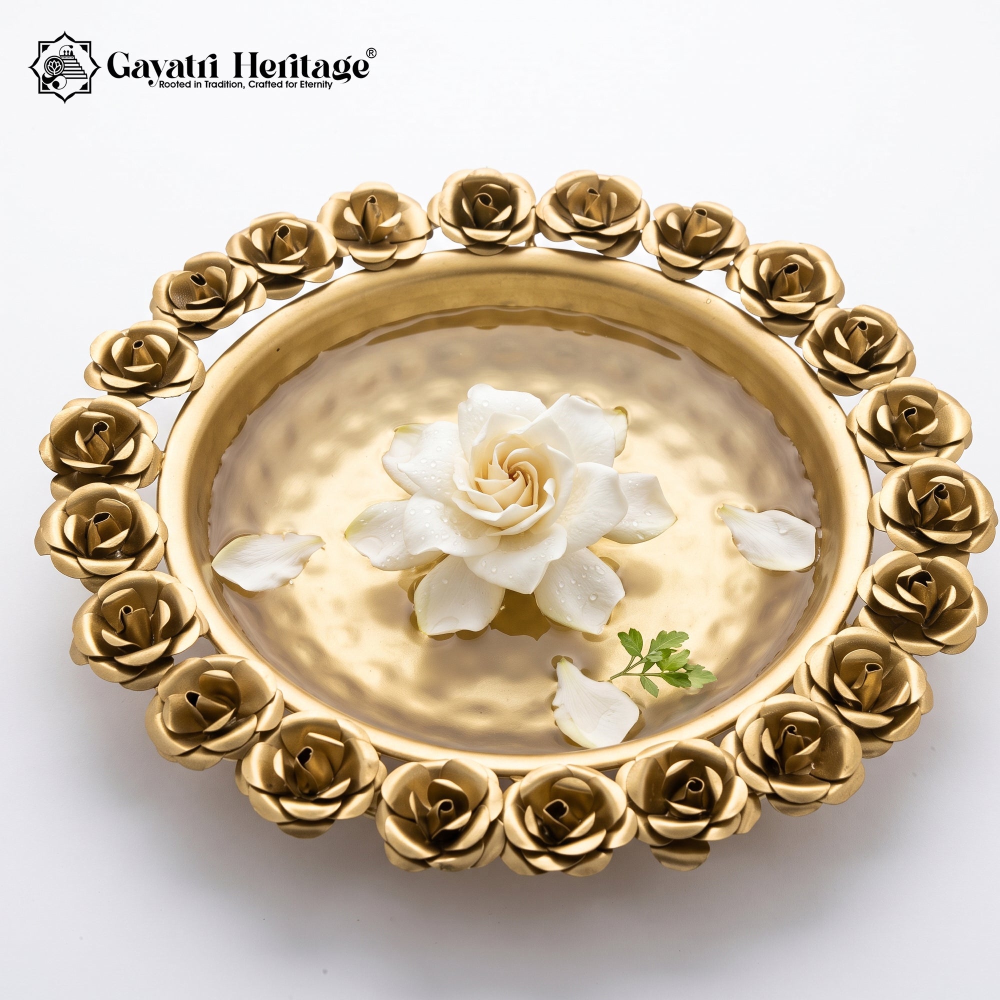 Gold Rose Border Urli Bowl – Hammered Floating Flower Decor | Gayatri Heritage