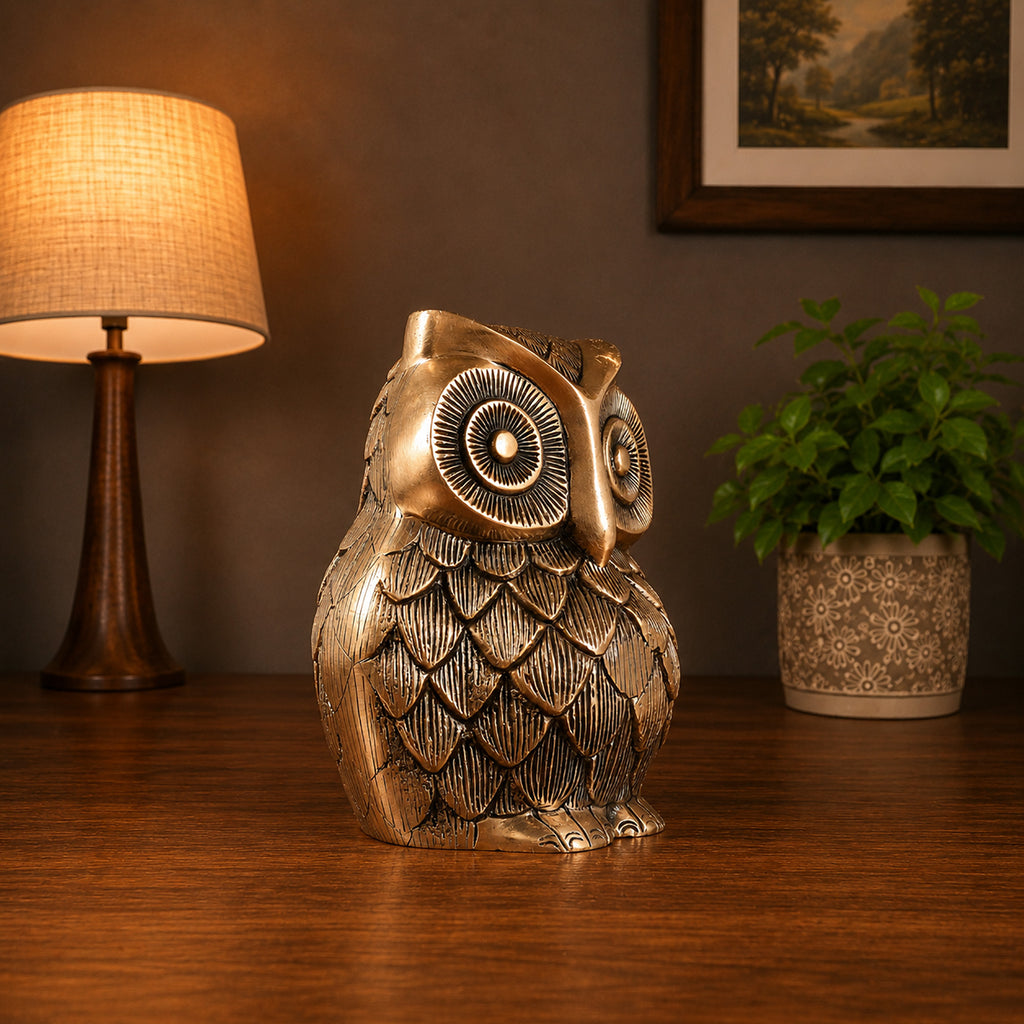 Large Brass Owl Statue | Bold Decorative Wisdom Bird Sculpture | Vastu Wealth Showpiece