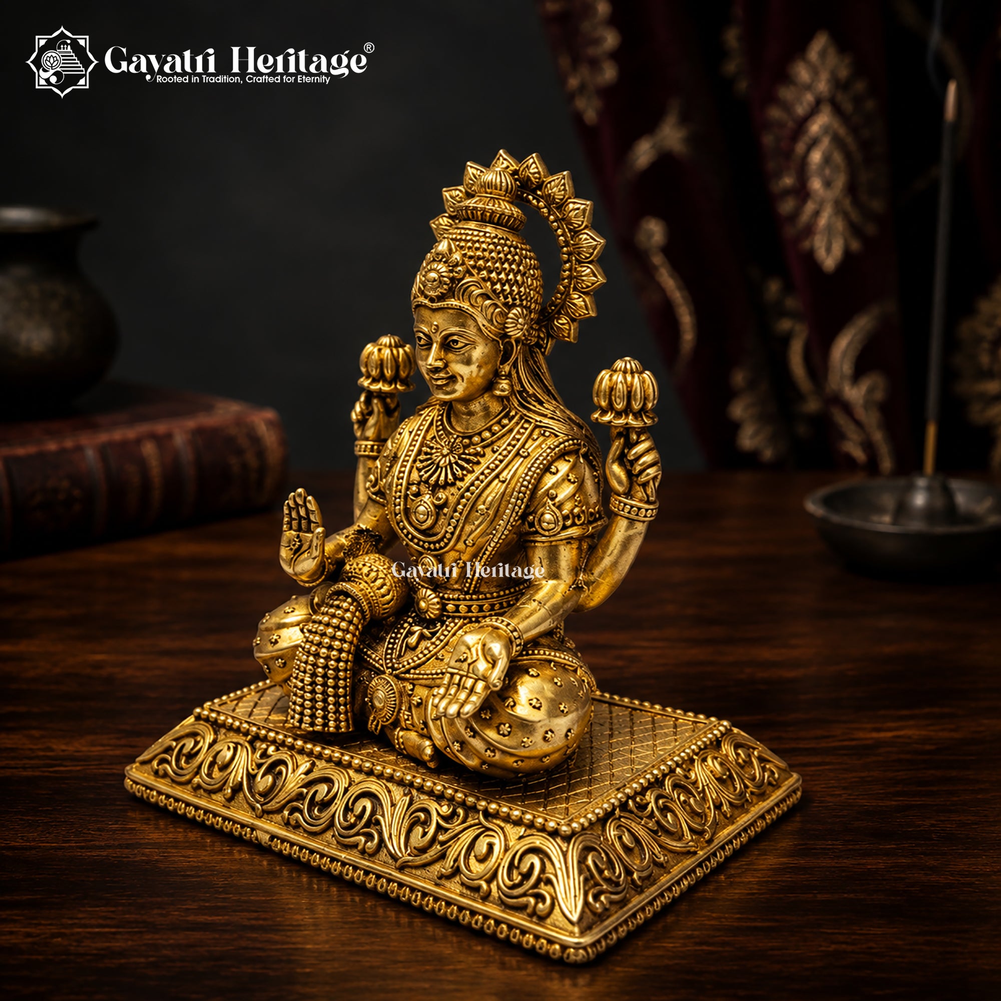Brass Goddess Lakshmi Idol – Seated with Crown & Lotus