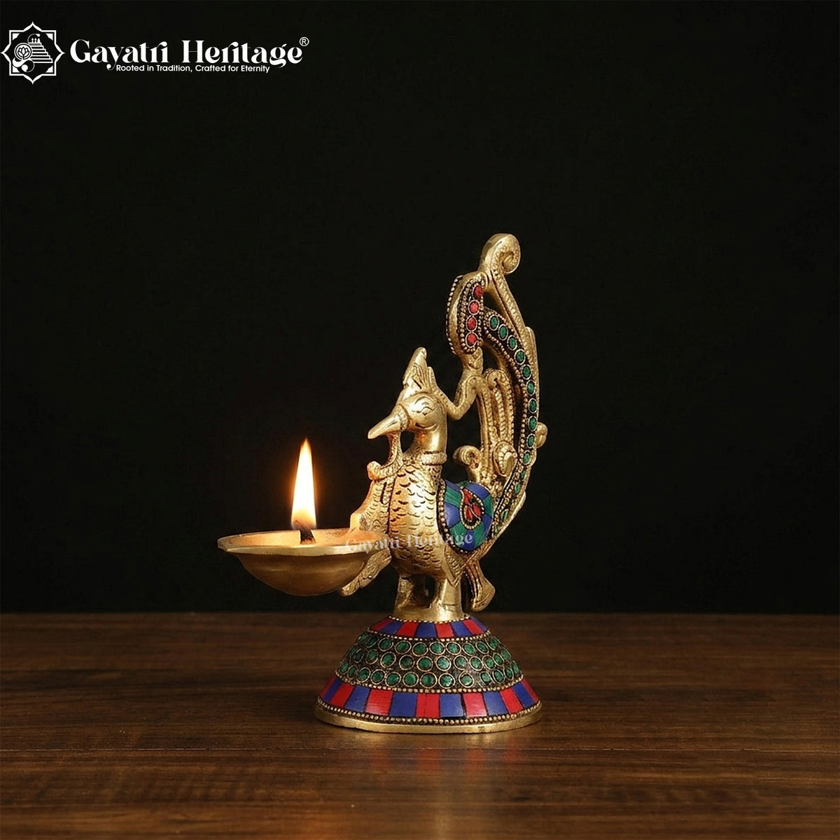 Brass Peacock Diya in Stone Work – Elegant Lighting Decor | Gayatri Heritage