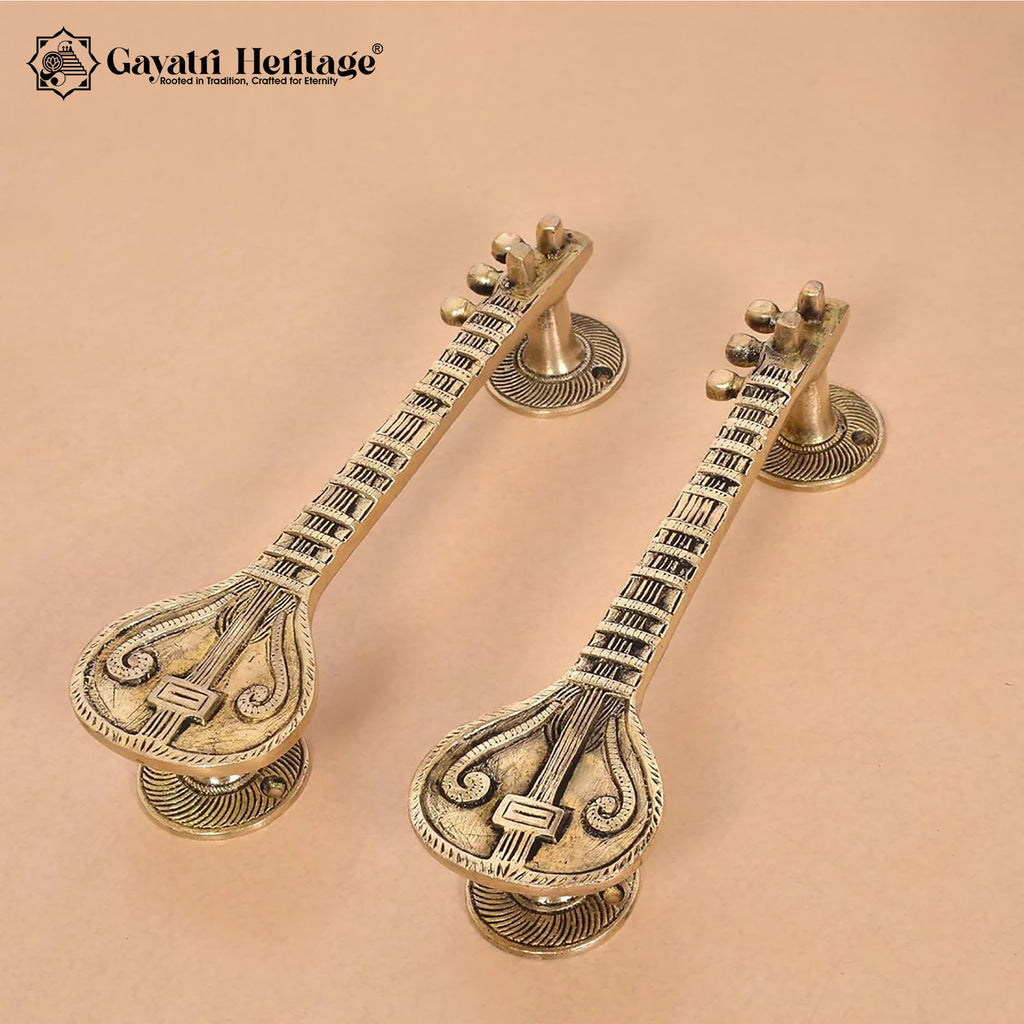 Brass Sitar Door Handle Pair – Handcrafted Pulls | Gayatri Heritage
