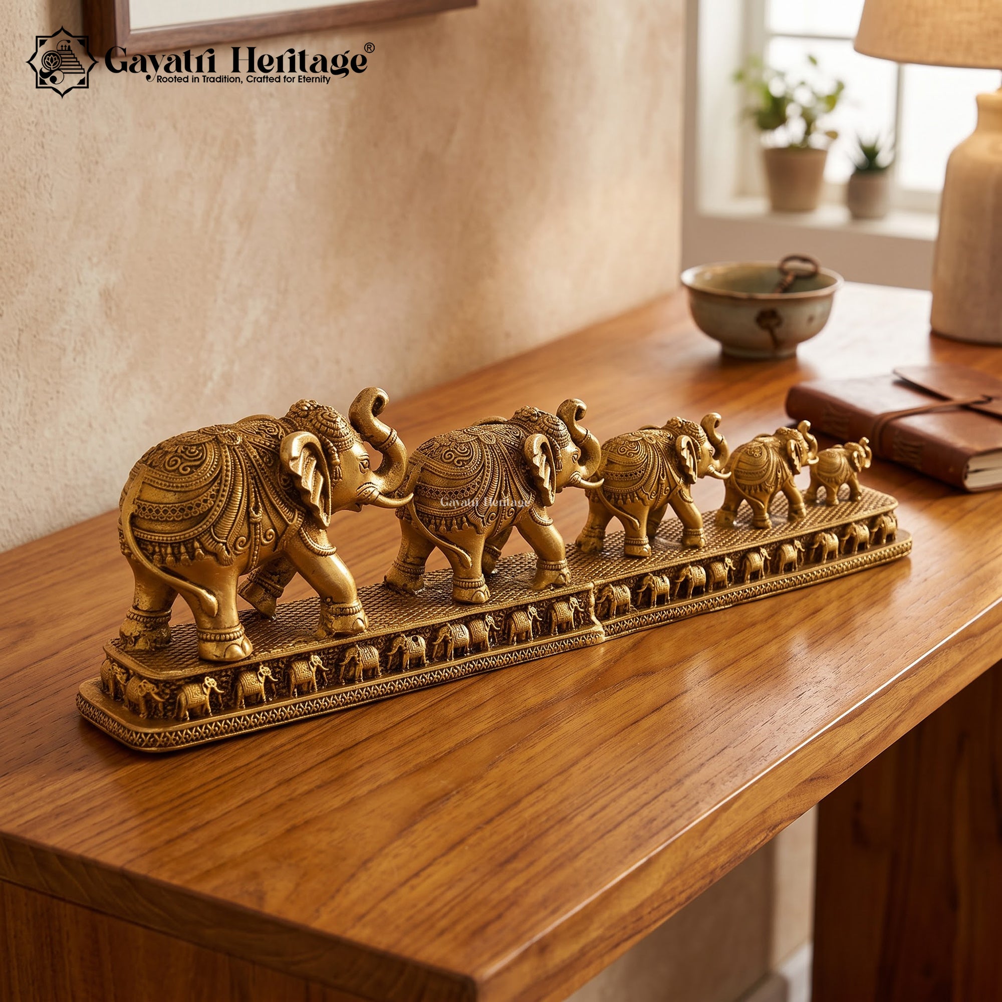 Brass Elephant Family Statue Set of 5 | Antique Gold Trunk Up Elephants | Vastu Feng Shui Home & Office Decor
