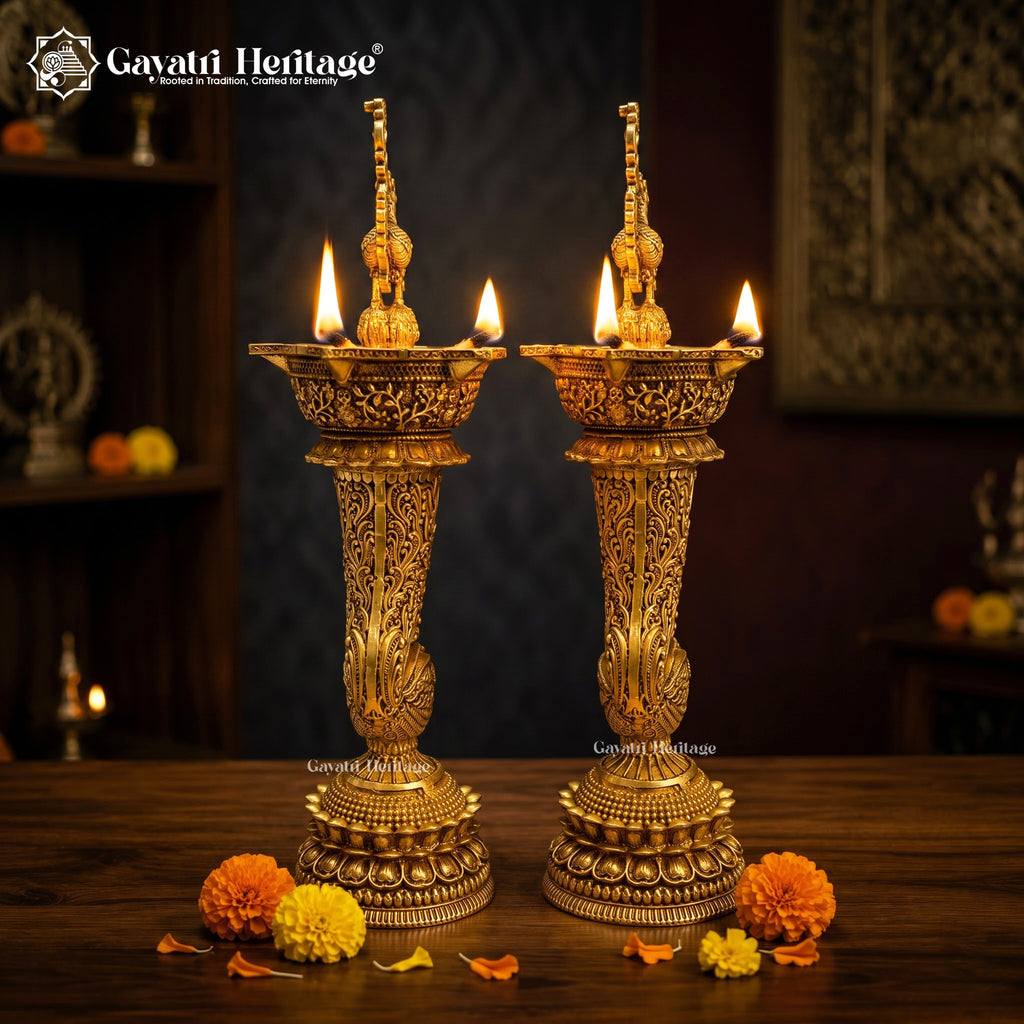 Brass Peacock Diya Lamp | 5-Wick Pooja Deepak | Handcrafted Traditional Indian Oil Lamp