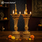 Brass Peacock Diya Lamp | 5-Wick Pooja Deepak | Handcrafted Traditional Indian Oil Lamp