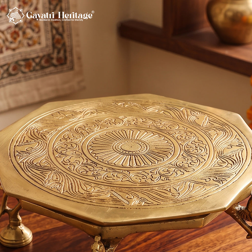 Brass Chowki with Peacock Pillars – Temple Idol Stand | Gayatri Heritage